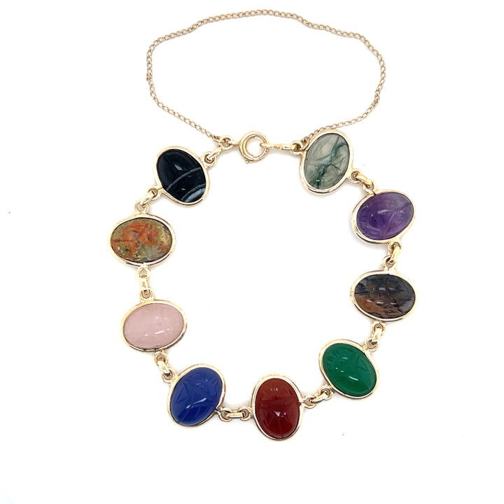 Estate 14K Yellow Gold Oval Multi-Gemstone Carved Scarab Vintage Bracelet
