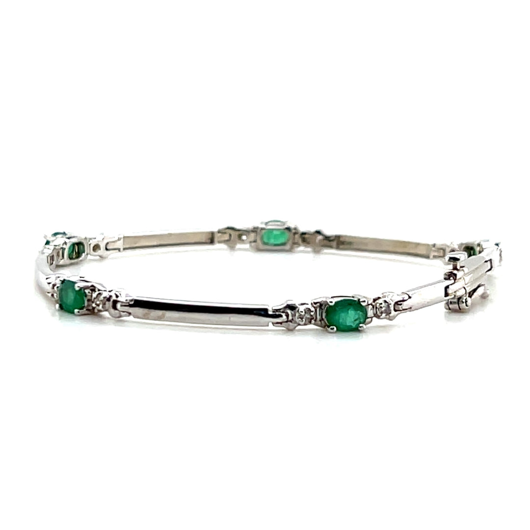 Estate 14K White Gold 1.90CTW Oval Emerald & Diamond Link Bracelet