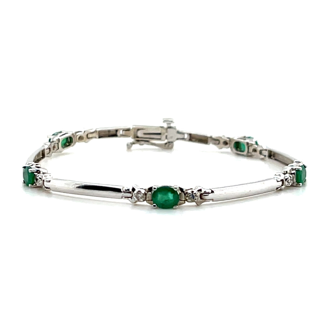 Estate 14K White Gold 1.90CTW Oval Emerald & Diamond Link Bracelet