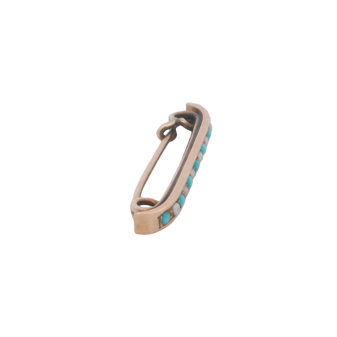 Estate 1910s 14K Yellow Gold Seed Pearl and Turquoise Lingerie Pin