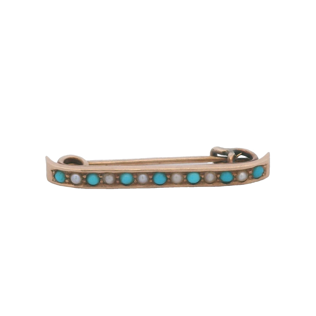 Estate 1910s 14K Yellow Gold Seed Pearl and Turquoise Lingerie Pin