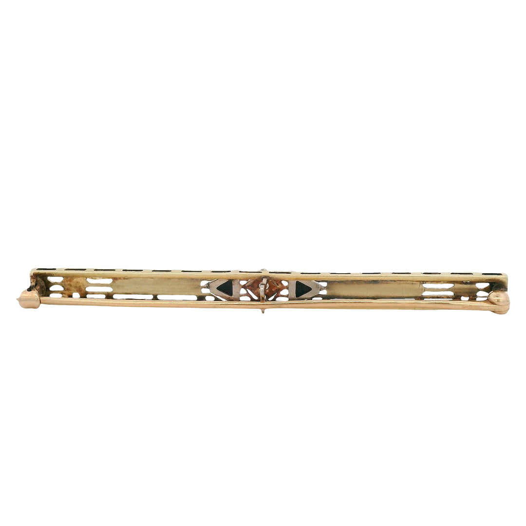 Estate 14K Two-Tone Gold Diamond & Black Glass Art Deco Bar Pin