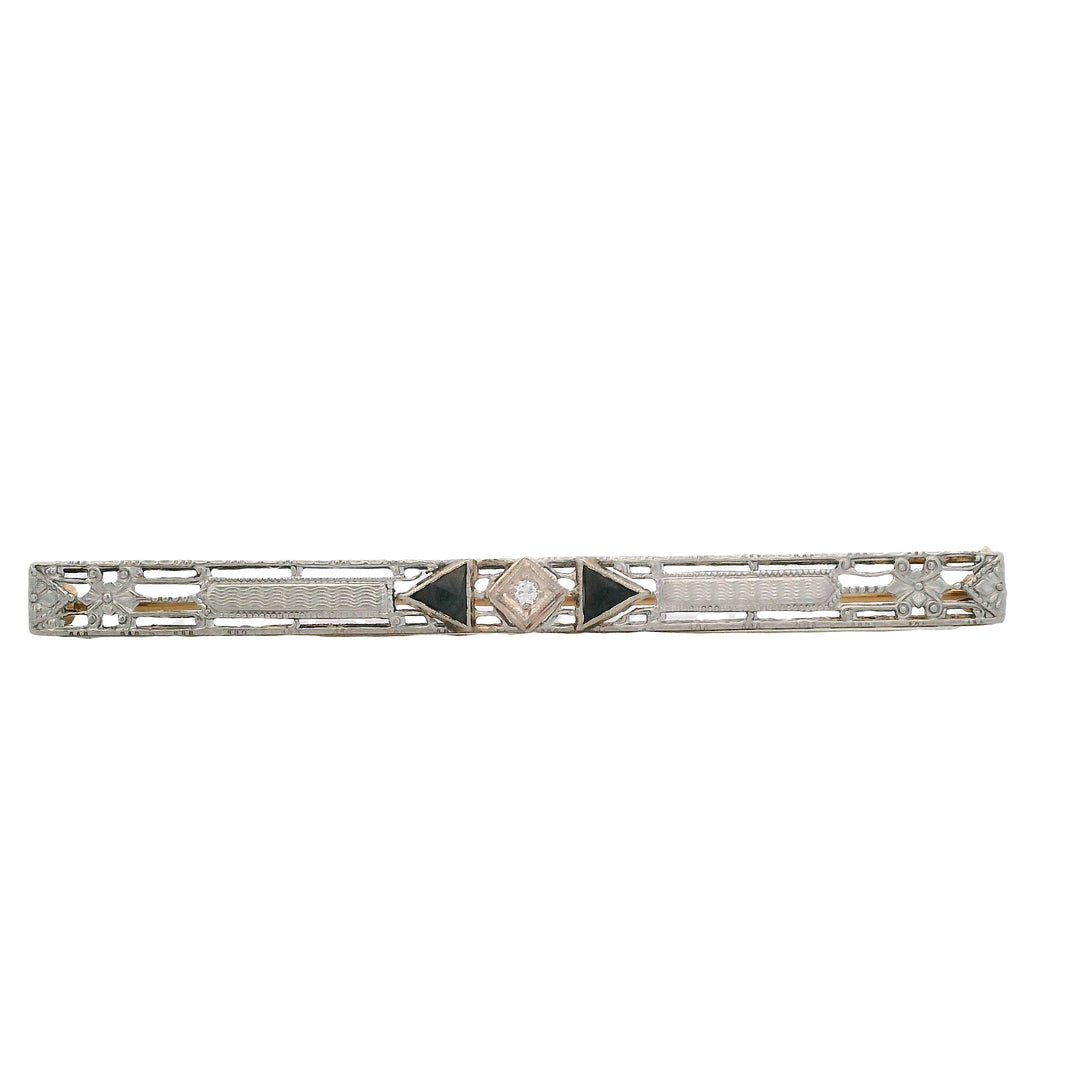 Estate 14K Two-Tone Gold Diamond & Black Glass Art Deco Bar Pin