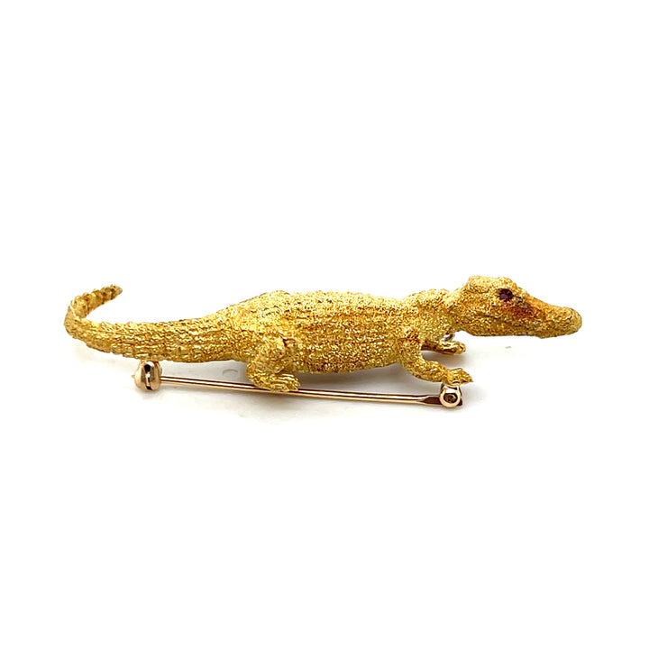 Estate 1970s 18K Yellow Gold Diamond & Ruby 3-D Alligator Brooch