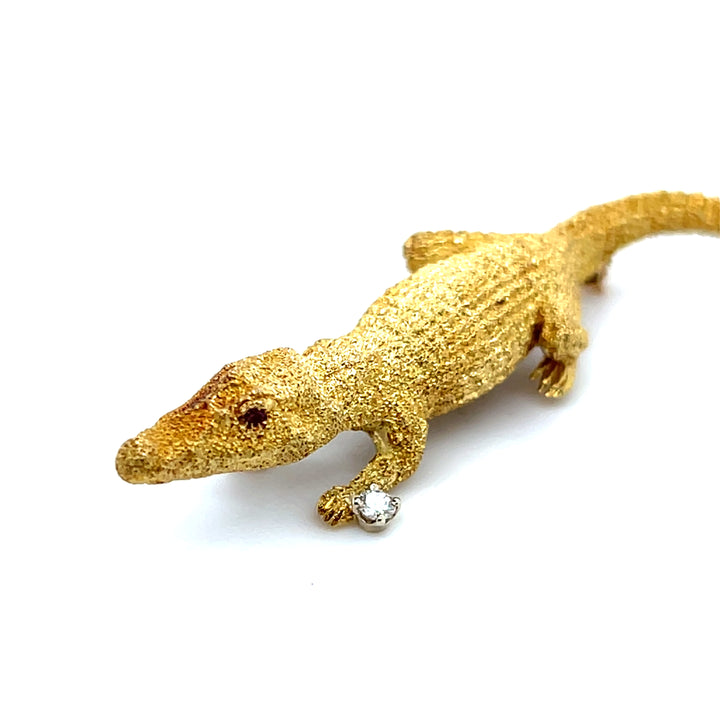 Estate 1970s 18K Yellow Gold Diamond & Ruby 3-D Alligator Brooch