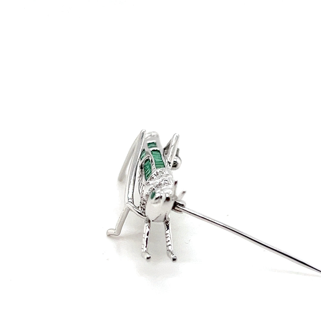 Estate 14KT White Gold Emerald and Diamond Grasshopper Brooch, ca. 1990’s