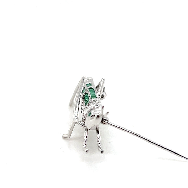 Estate 14KT White Gold Emerald and Diamond Grasshopper Brooch, ca. 1990’s