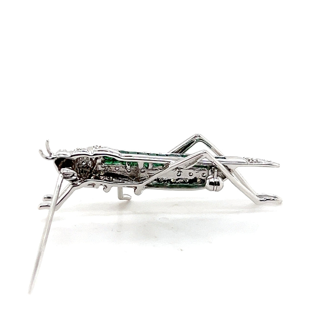 Estate 14KT White Gold Emerald and Diamond Grasshopper Brooch, ca. 1990’s