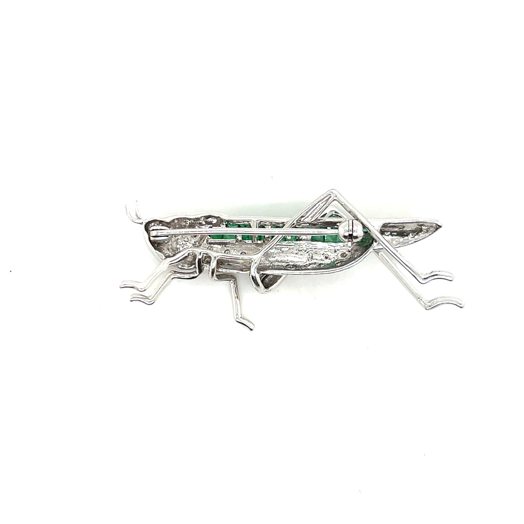 Estate 14KT White Gold Emerald and Diamond Grasshopper Brooch, ca. 1990’s