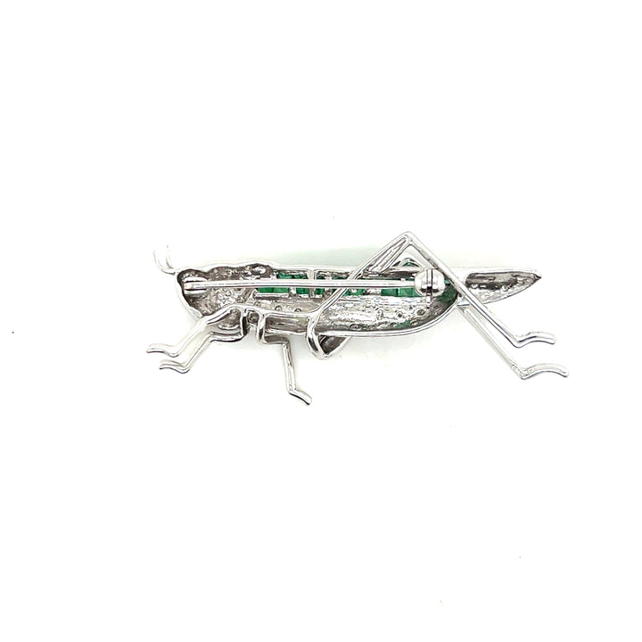 Estate 14KT White Gold Emerald and Diamond Grasshopper Brooch, ca. 1990’s
