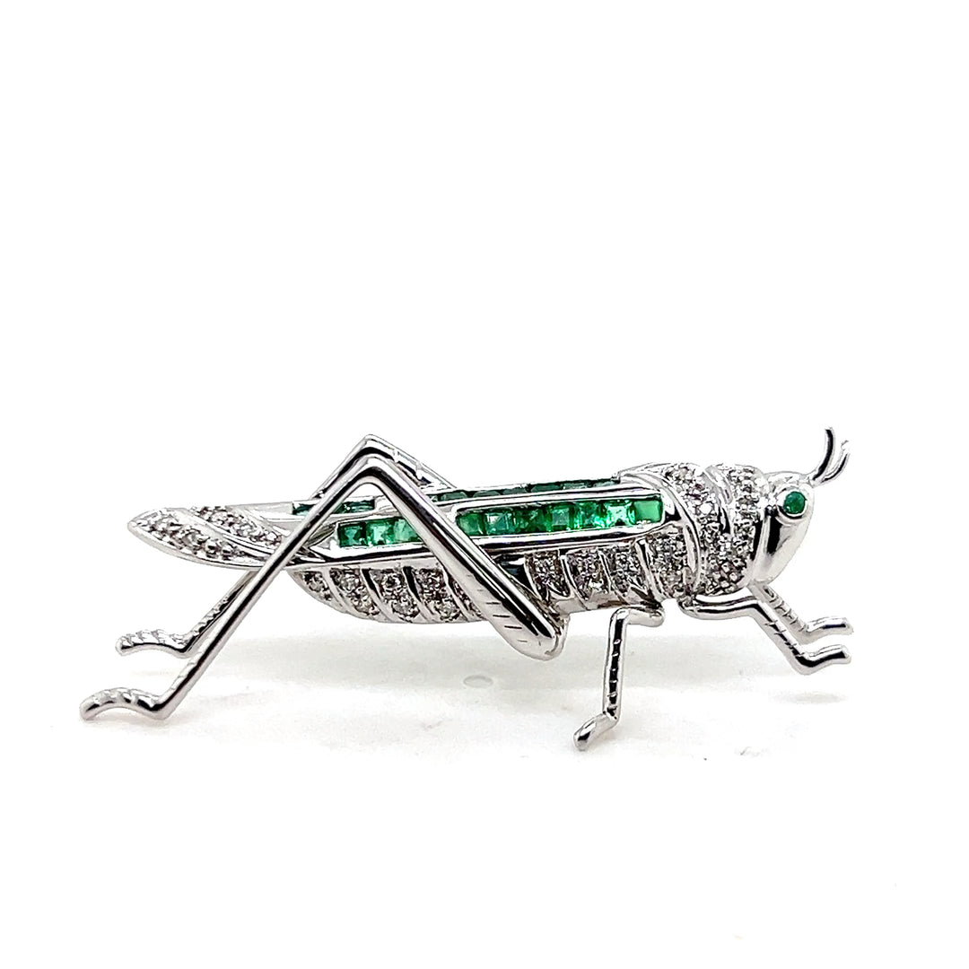 Estate 14KT White Gold Emerald and Diamond Grasshopper Brooch, ca. 1990’s