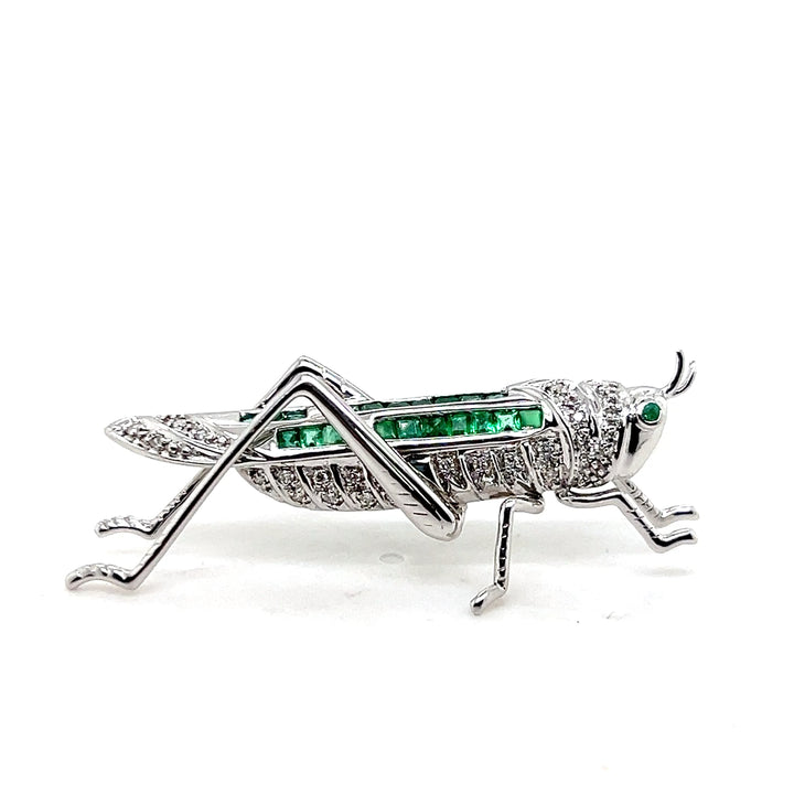 Estate 14KT White Gold Emerald and Diamond Grasshopper Brooch, ca. 1990’s