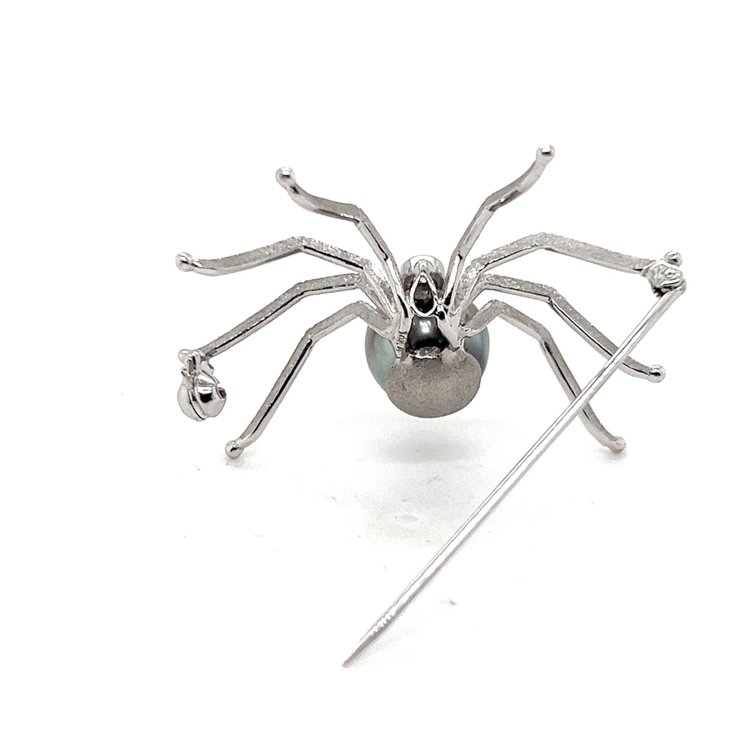Estate 14KT White Gold Grey Pearl and Diamond Spider Brooch, Vintage