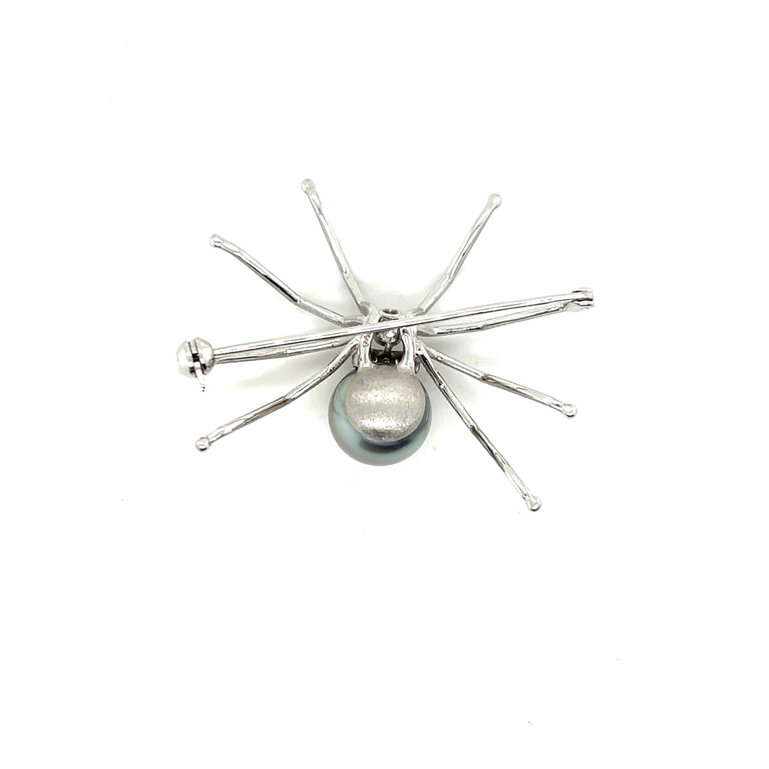 Estate 14K White Gold Grey Pearl and Diamond Vintage Spider Brooch