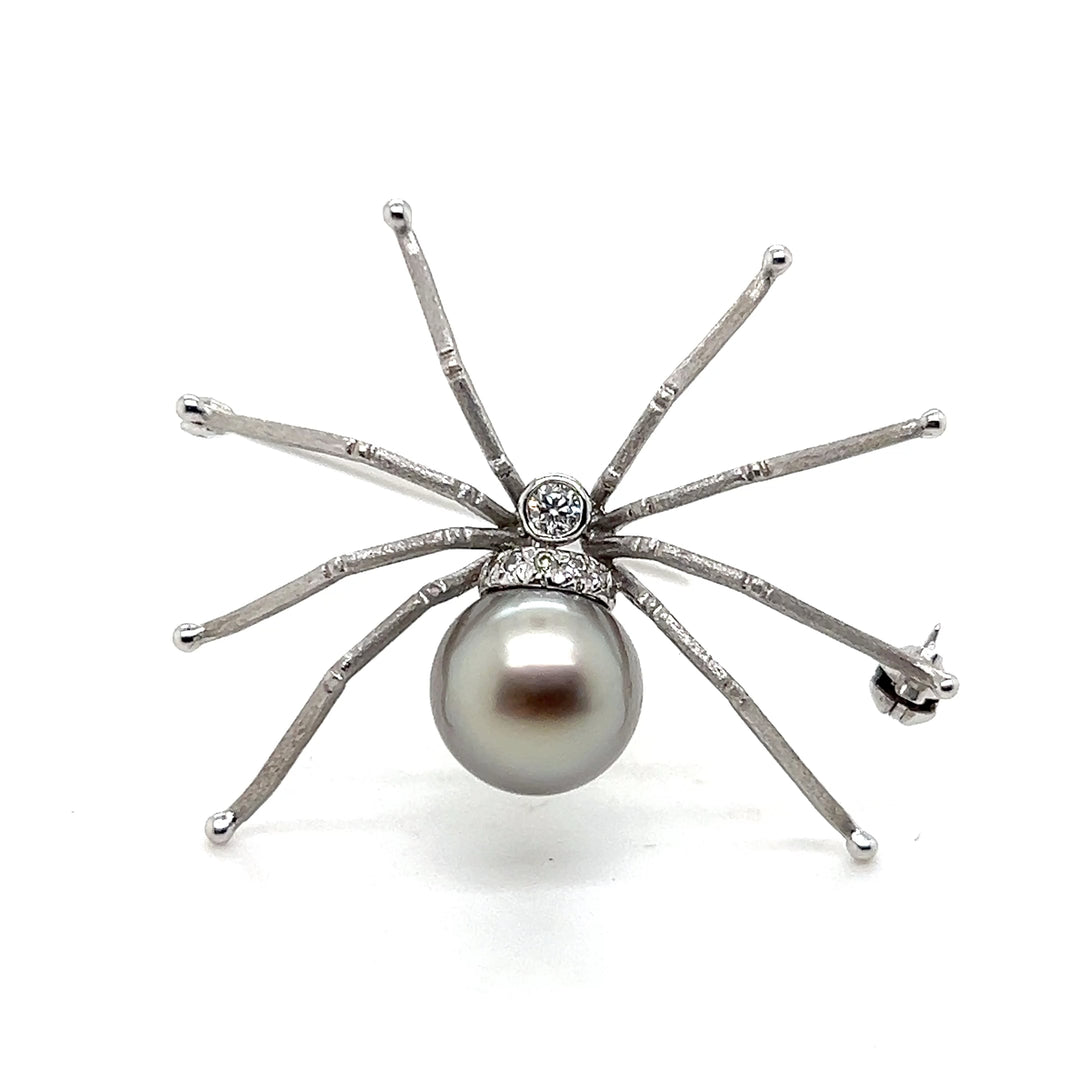 Estate 14KT White Gold Grey Pearl and Diamond Spider Brooch, Vintage