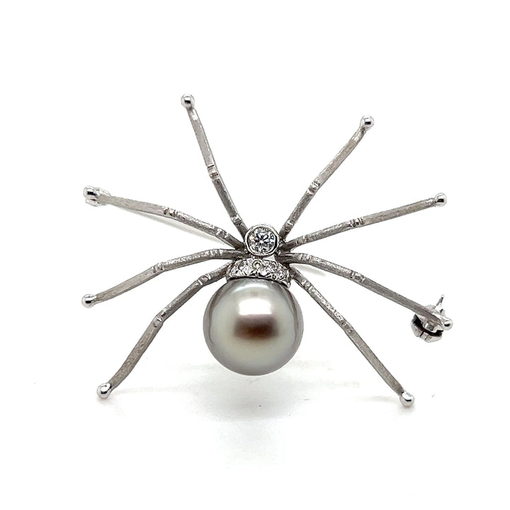 Estate 14KT White Gold Grey Pearl and Diamond Spider Brooch, Vintage