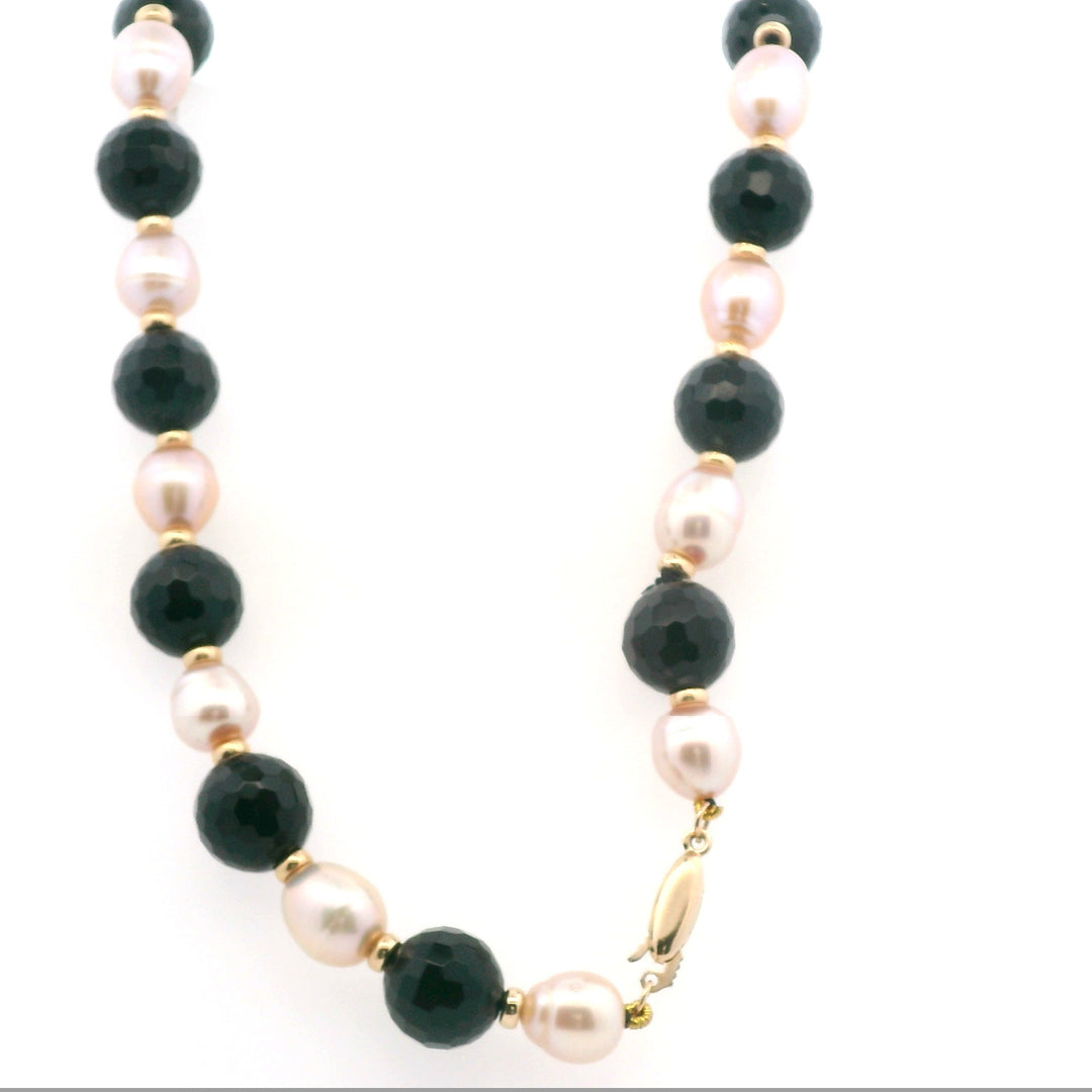 Estate 14K Yellow Gold Blush Pearl & Black Onyx Bead Necklace