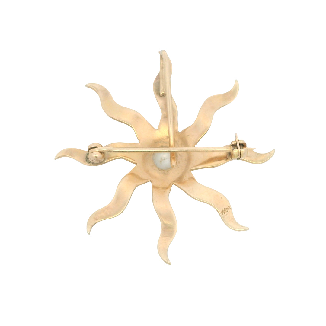 Estate 14K Yellow Gold Natural Pearl Antique Sunburst Brooch
