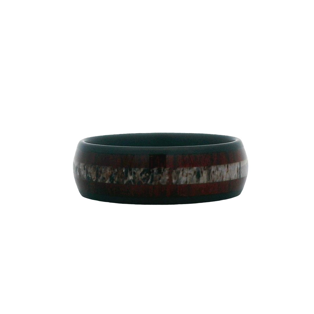8mm Ceramic Dome Matte Men's Wedding Band - Blood Wood and Elk Antler Inlay Design by Heavy Stone Rings