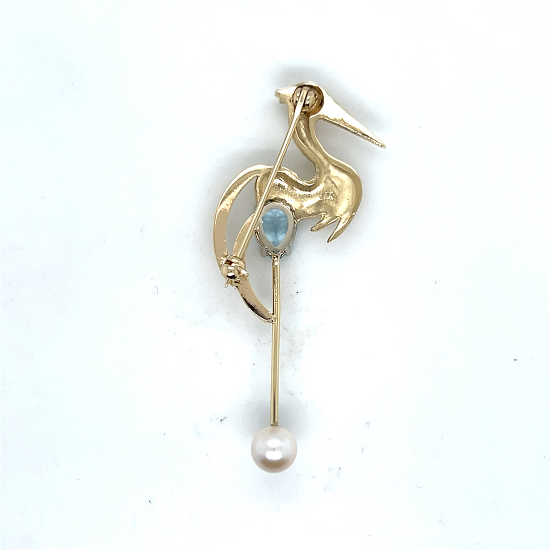 14K Yellow Gold Blue Topaz & Akoya Pearl Heron Brooch