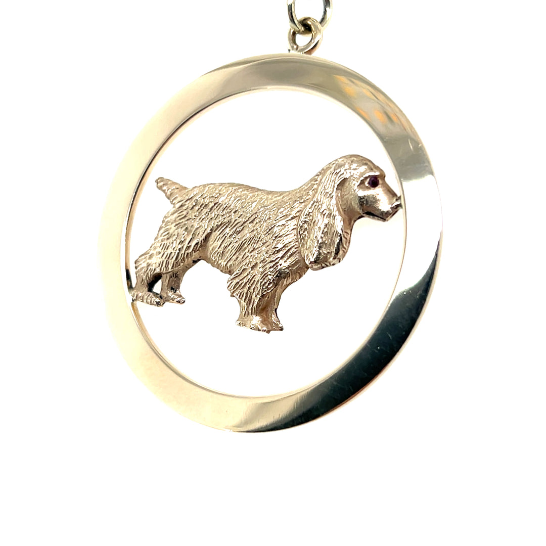 Estate 14KT Yellow Gold Spaniel Circle Pendant with Ruby Eye, ca. 1960’s