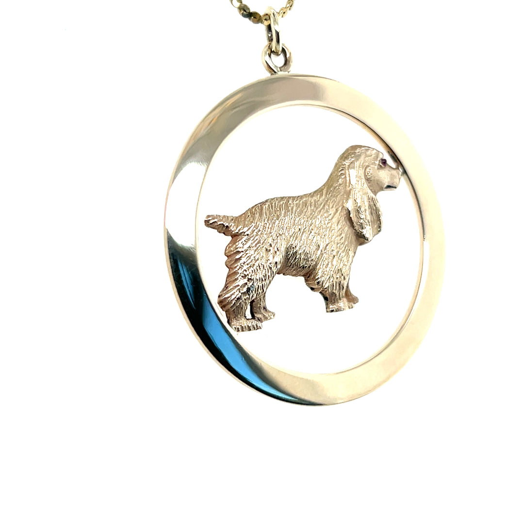 Estate 14KT Yellow Gold Spaniel Circle Pendant with Ruby Eye, ca. 1960’s