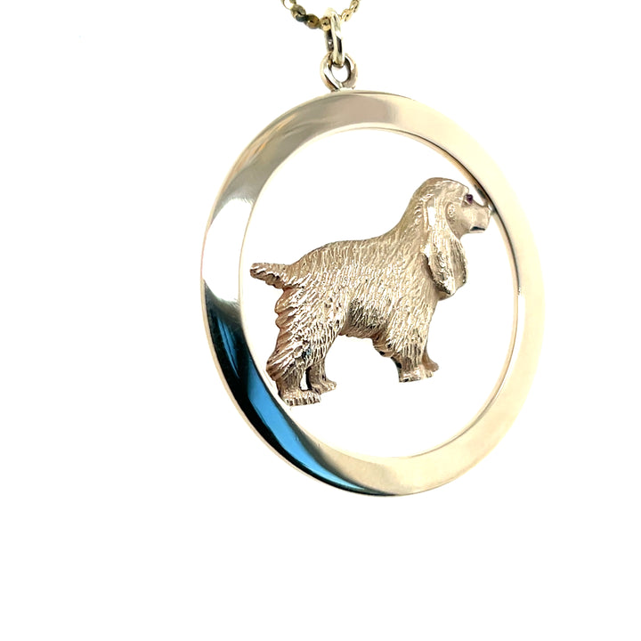Estate 14KT Yellow Gold Spaniel Circle Pendant with Ruby Eye, ca. 1960’s