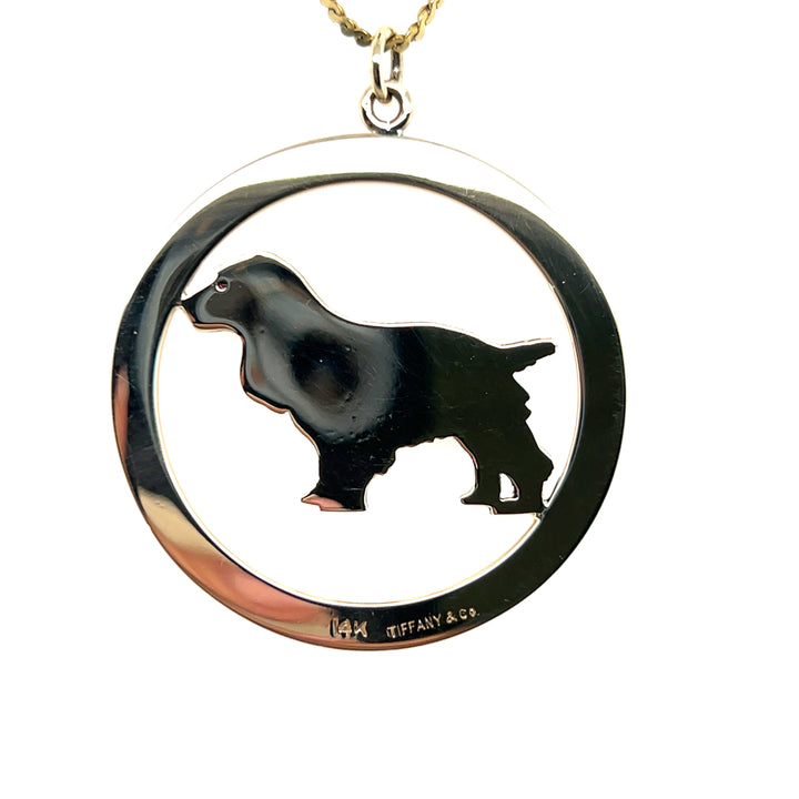 Estate 14KT Yellow Gold Spaniel Circle Pendant with Ruby Eye, ca. 1960’s