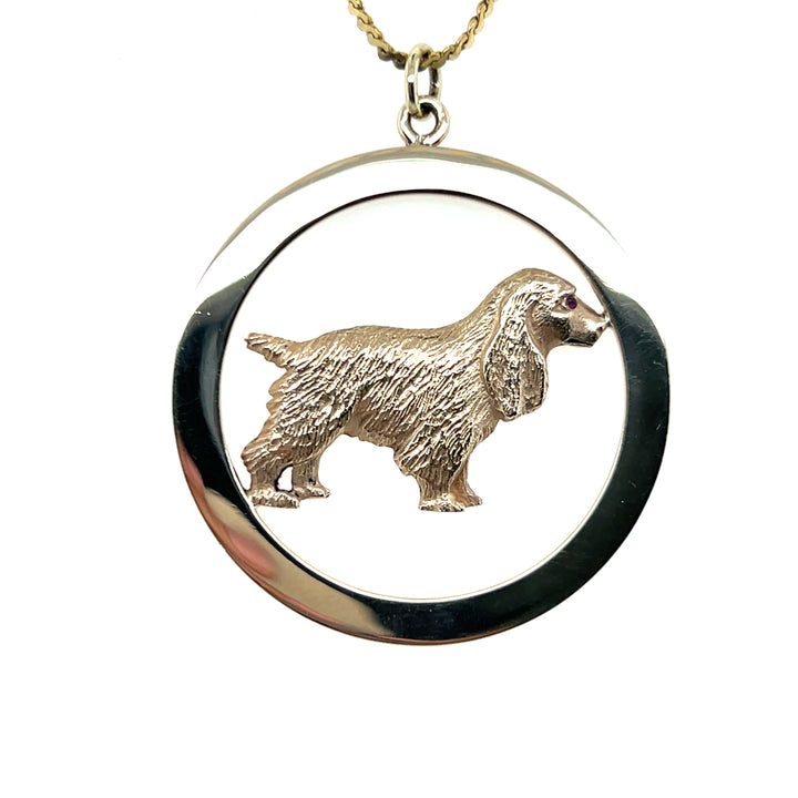 Estate 14KT Yellow Gold Spaniel Circle Pendant with Ruby Eye, ca. 1960’s
