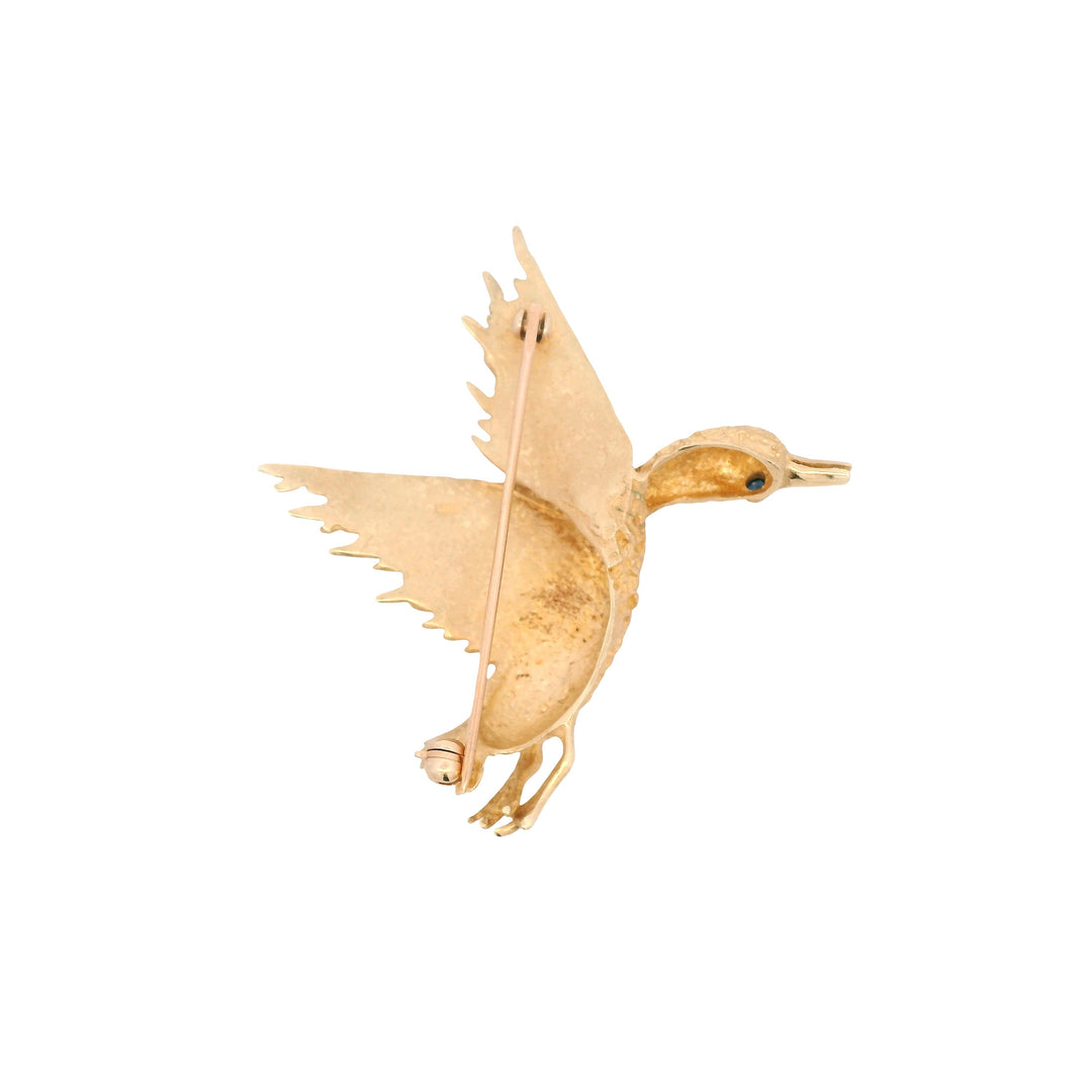 Estate 14K Yellow Gold Blue Sapphire Vintage Flying Duck Brooch