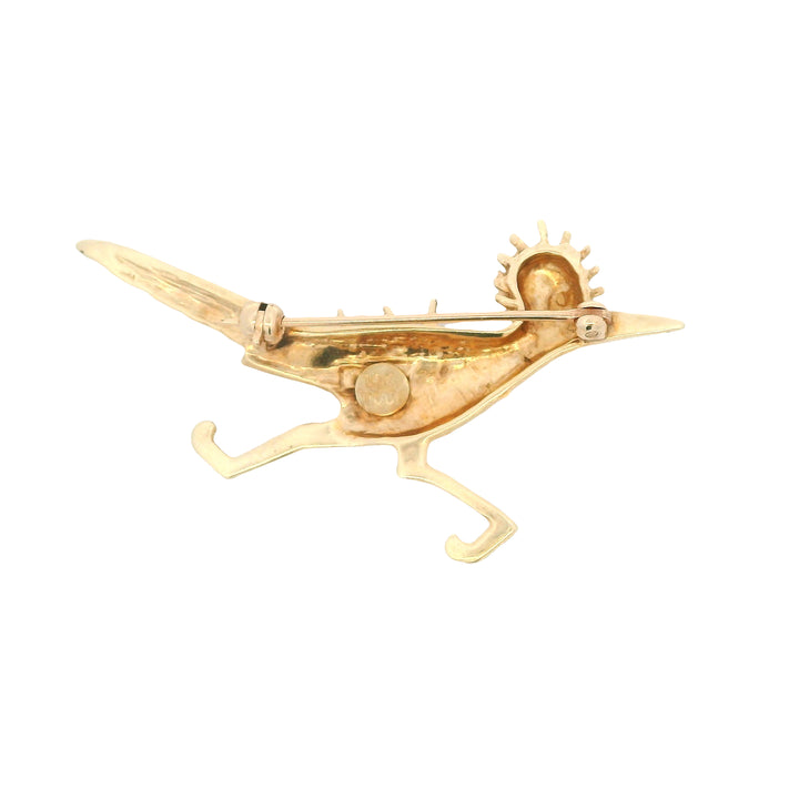 Estate 14K Yellow Gold Ruby Vintage Roadrunner Brooch