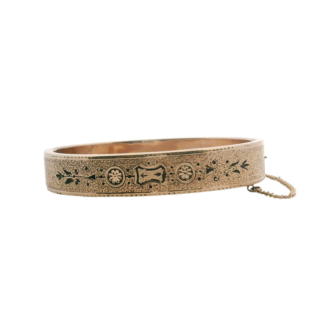 Estate 14K Yellow Gold Black Enamel Taille d'Épargne Victorian Bangle Bracelet