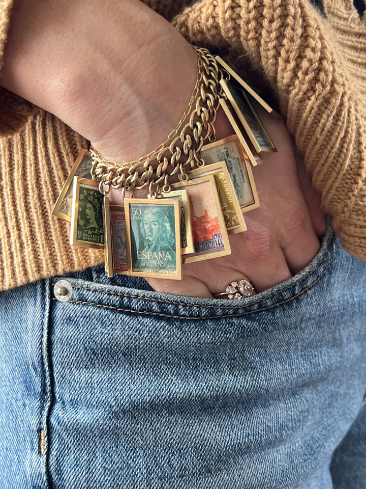 Estate 14K Yellow Gold 1960s–70s Stamps of the World Charm Bracelet