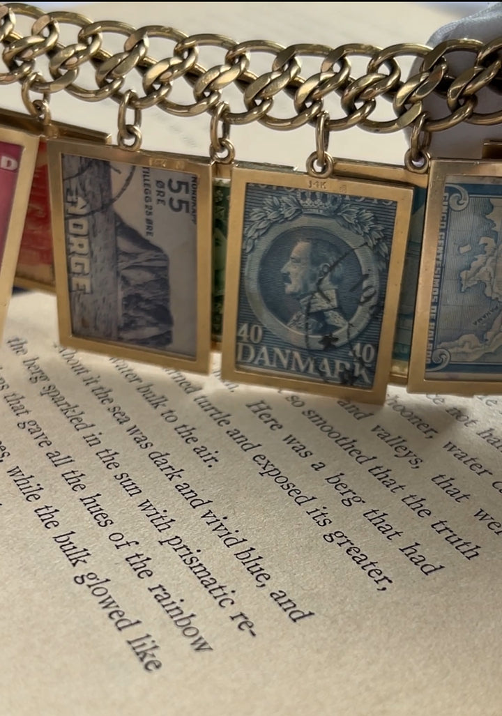 Estate 14K Yellow Gold 1960s–70s Stamps of the World Charm Bracelet