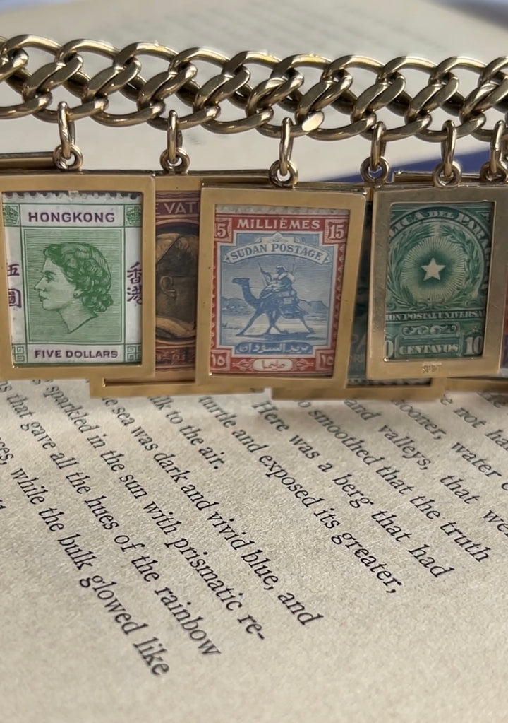Estate 14K Yellow Gold 1960s–70s Stamps of the World Charm Bracelet