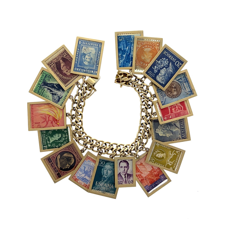 Estate 14K Yellow Gold 1960s–70s Stamps of the World Charm Bracelet