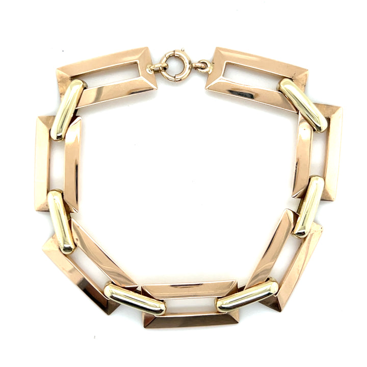 Estate 14KT Two Tone Gold Bar Link Bracelet, Retro, circa 1940's