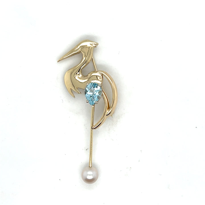 14K Yellow Gold Blue Topaz & Akoya Pearl Heron Brooch