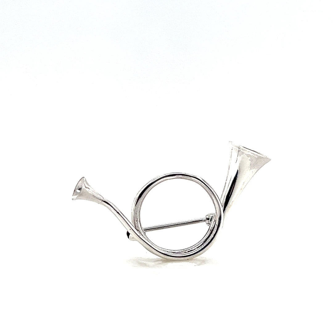 Estate Sterling Silver Hunting Horn Pin Brooch, Mid Century 1950s