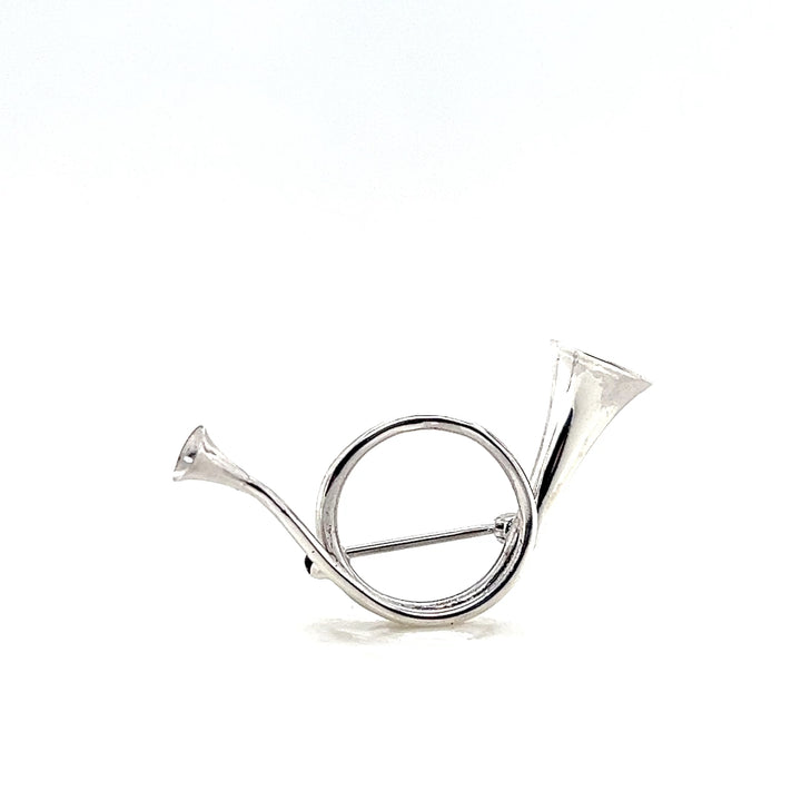 Estate Sterling Silver Hunting Horn Pin Brooch, Mid Century 1950s