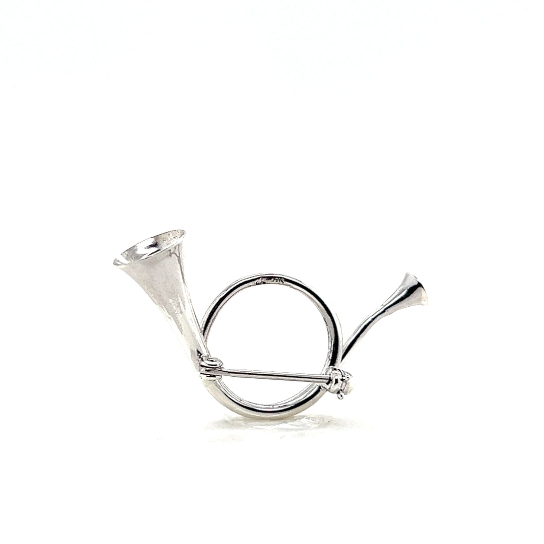 Estate Sterling Silver Hunting Horn Pin Brooch, Mid Century 1950s