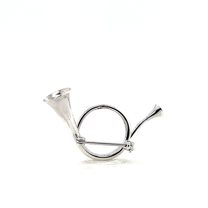 Estate Sterling Silver Hunting Horn Pin Brooch, Mid Century 1950s
