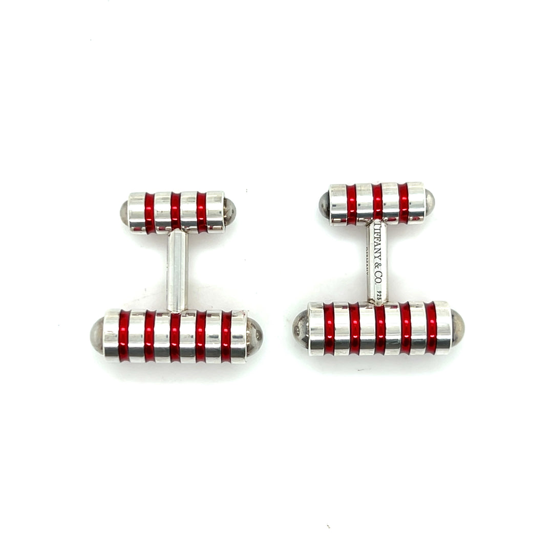 Estate Tiffany & Co. Paloma Picasso Sterling Silver Red Enamel Striped Cufflinks