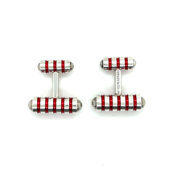 Estate Tiffany & Co. Paloma Picasso Sterling Silver Red Enamel Striped Cufflinks