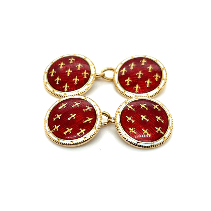 Estate 18K Yellow Gold Red and White Enamel Fleur-de-Lis Vintage Cufflinks