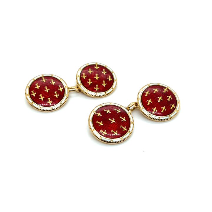Estate 18K Yellow Gold Red and White Enamel Fleur-de-Lis Vintage Cufflinks