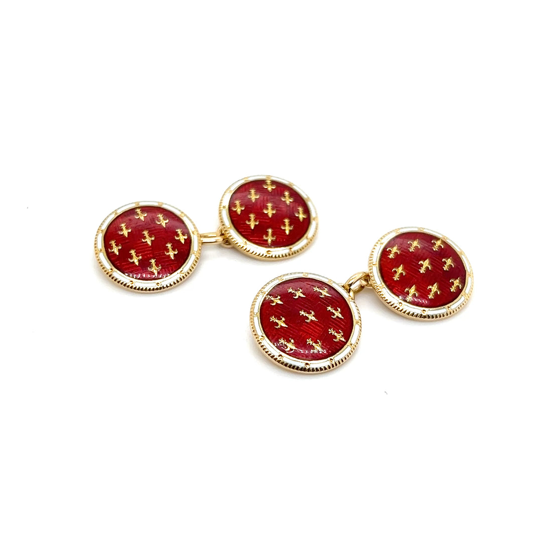 Estate 18K Yellow Gold Red and White Enamel Fleur-de-Lis Vintage Cufflinks