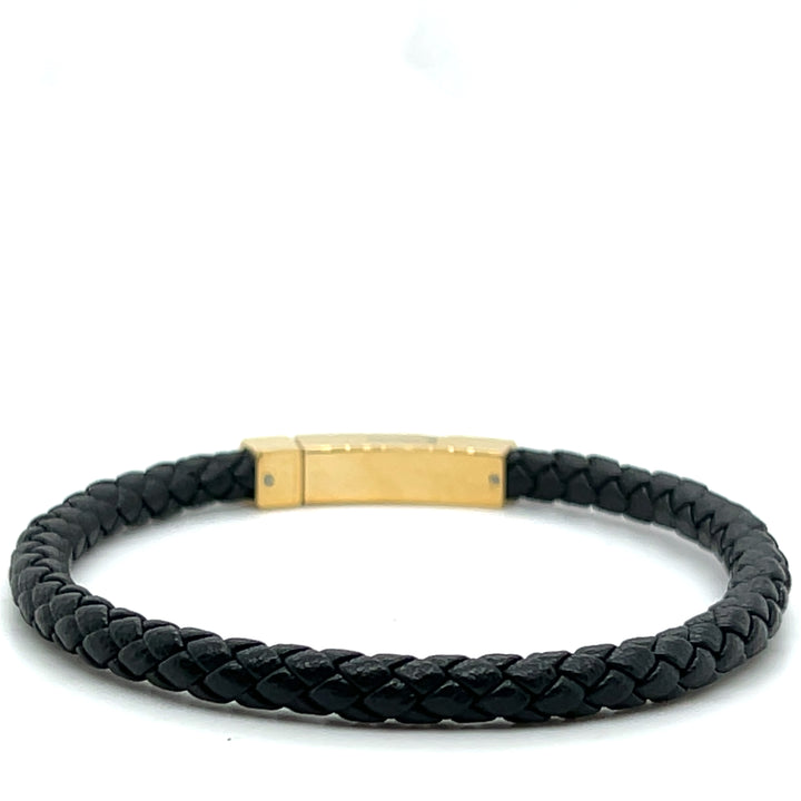 Gold IP Stainless Steel Black Leather Box Clasp Bracelet by Italgem