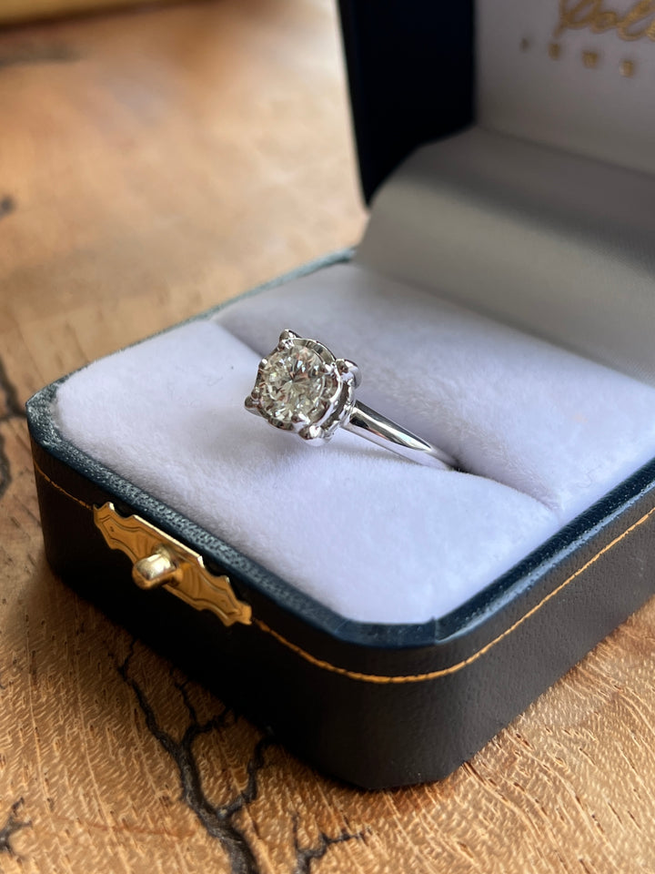 Estate 14K White Gold Round Transitional Cut Diamond Vintage Engagement Ring
