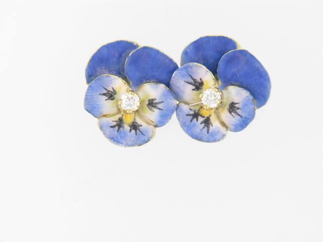 Estate 14KT Yellow Gold Diamond & Enamel Blue Pansy Earrings, ca. 1900